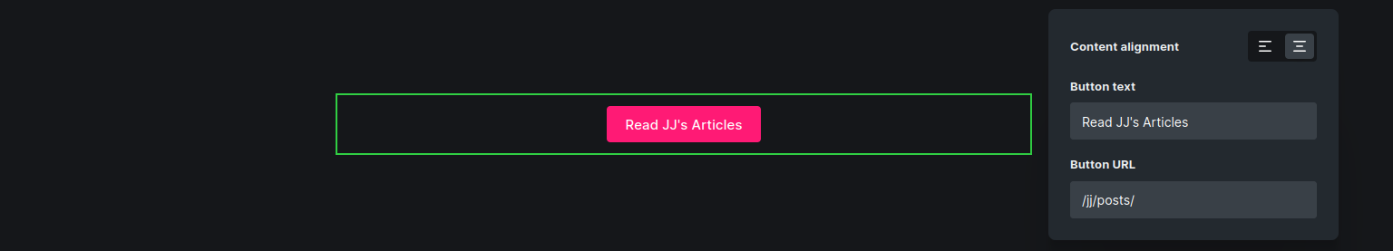 Screenshot from page editing screen showing a button titled "Read JJ's Articles" with URL "/jj/posts/"