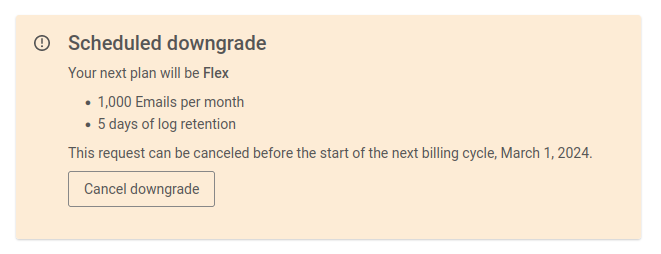 Screenshot of the billing warning message reading "Scheduled Downgrade: your next plan will be Flex" with further details about the plan and downgrade cancellation option