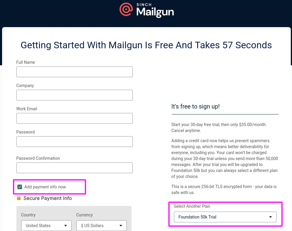 Screenshot of the Mailgun signup page with highlights around "Add payment info now" and "Foundation 50k Trial" selected as a the starting plan.