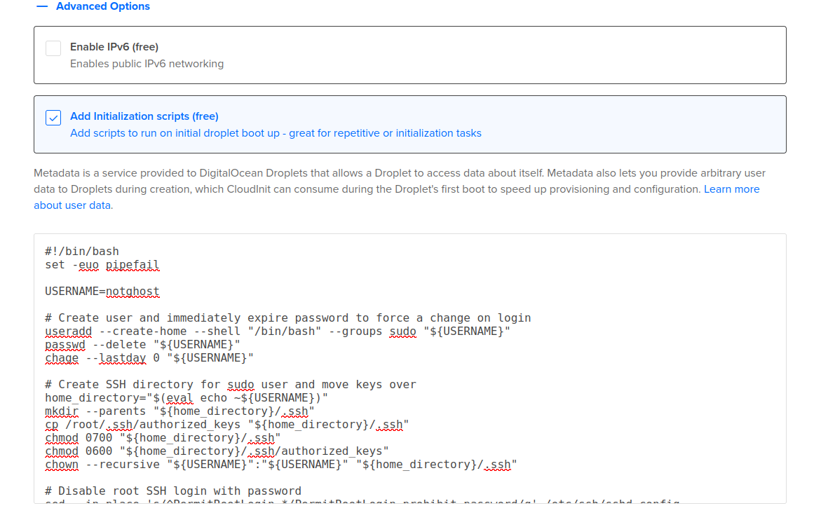 Screenshot of the Digital Ocean Control Panel showing a section of the droplet creation page showing how the advanced options initialisation script looks like