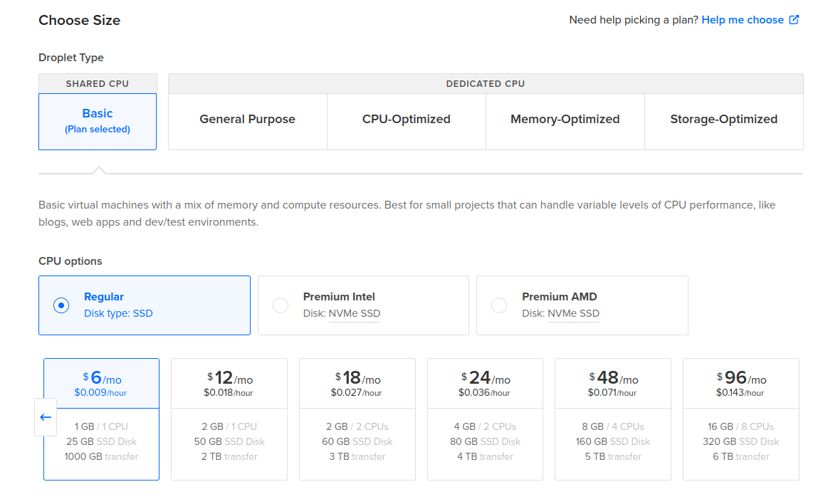 Screenshot of the Digital Ocean Control Panel showing a section of the droplet creation page with the size and pricing options selected.